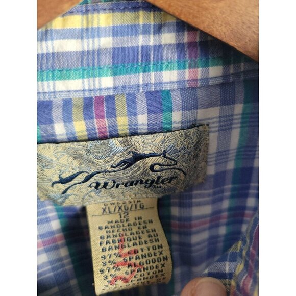 Wrangler Shirt Kids XL 14-16 Purple Plaid Pearl Snap Western Long Sleeve Horse - Picture 3 of 5